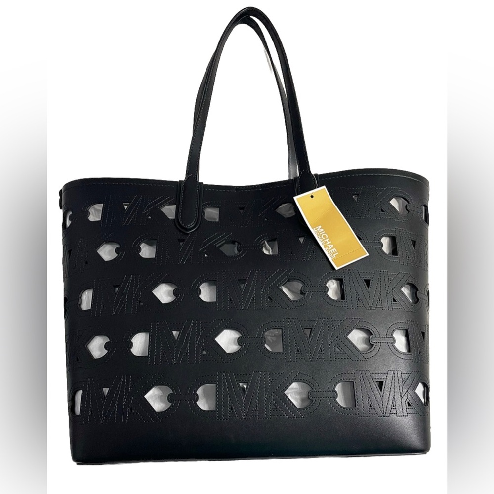 MICHAEL KORS Tote Bag Eliza Black Cut Out MK Logo NEW
